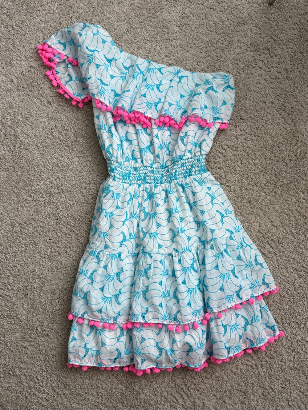 Lilly Pulitzer White & Turquoise One-Shoulder Pom-Pom Tiered Dress
